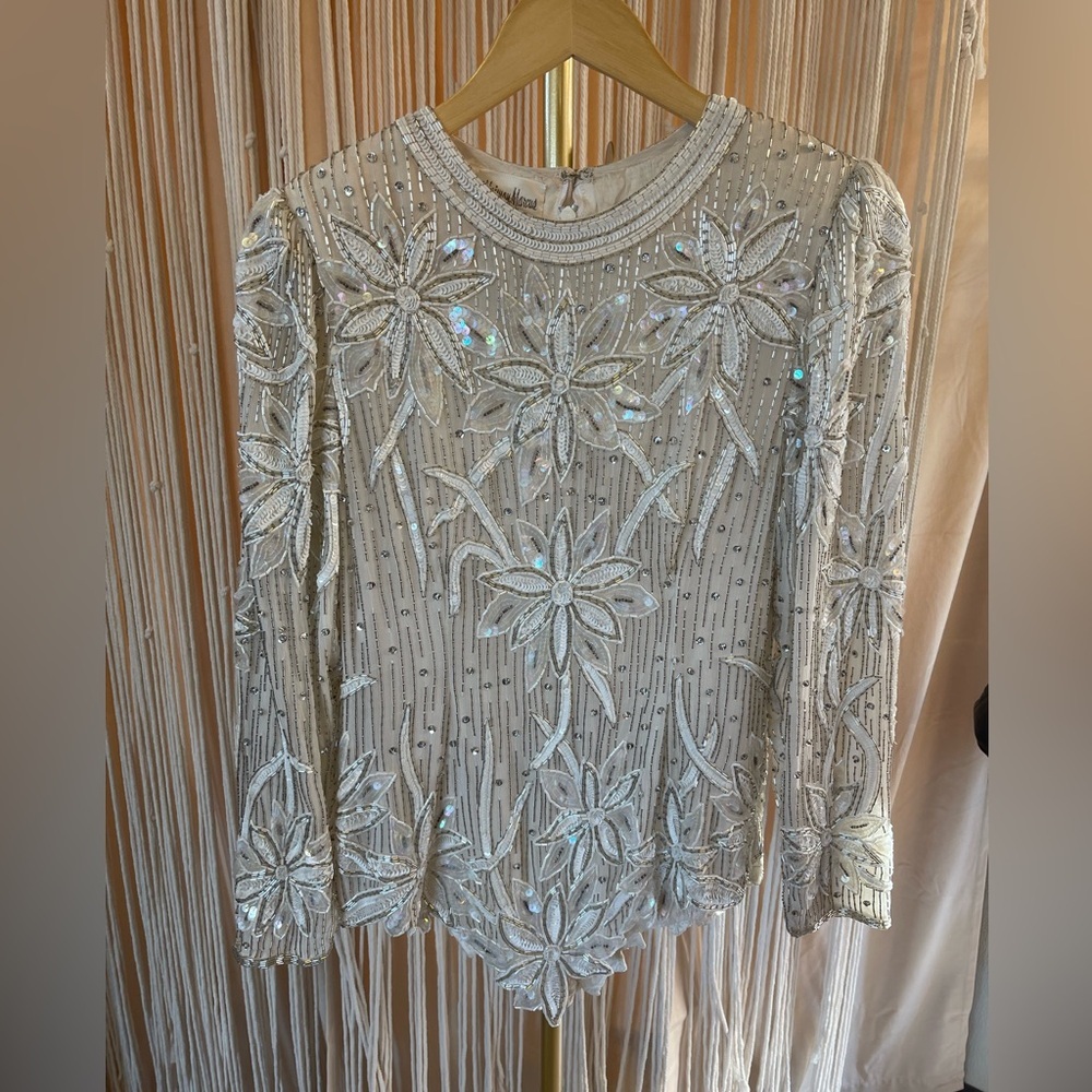 vintage white silk floral Neiman Marcus long sleeve top silver & white beads